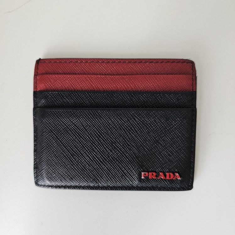 Prada saffiano leather color-block card case holder wallet black red