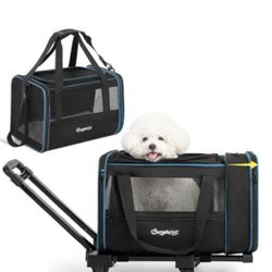 BurgeonNest Expandable Premium Cat Carrier with Wheels - Handle Adjustable Small Dog Carrier- Designed for Dogs and Cats up to 15 lbs - Removable Soft