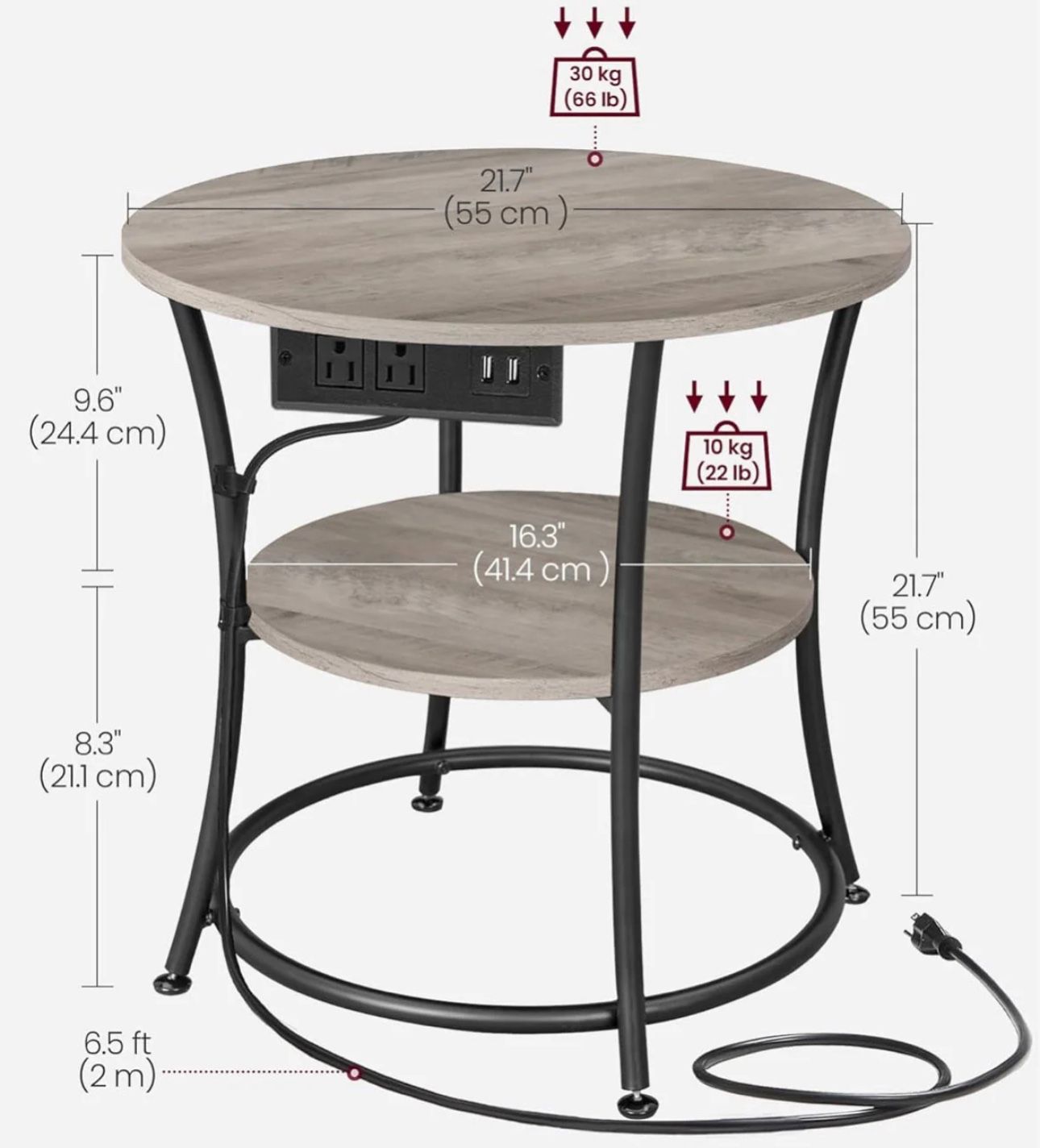 VASAGLE 2-Tier Round End Table with Power Outlets Nightstand with Steel Frame - Heather Greige / Ink Black
