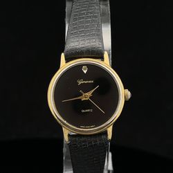 Pre-owned Women’s Black Genevex Genuine Diamond Watch Non Operational 
