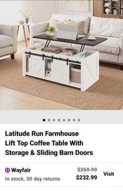 BRAND NEW Farmhouse Lift-Top Coffee Table w/ Storage – Sealed Box
$220 OBO
Brand-new Latitude Run Farmhouse Lift-Top Coffee Table with Storage & Slidi