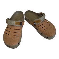 Crocs Khaki Tan Yukon Leather Adjustable Hook-and-Loop Strapped Slip-On Clogs