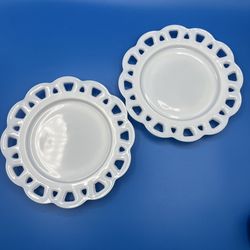 2 - Vintage Hazel Atlas White Milk Glass Open Lace Edge Plates 8.25"