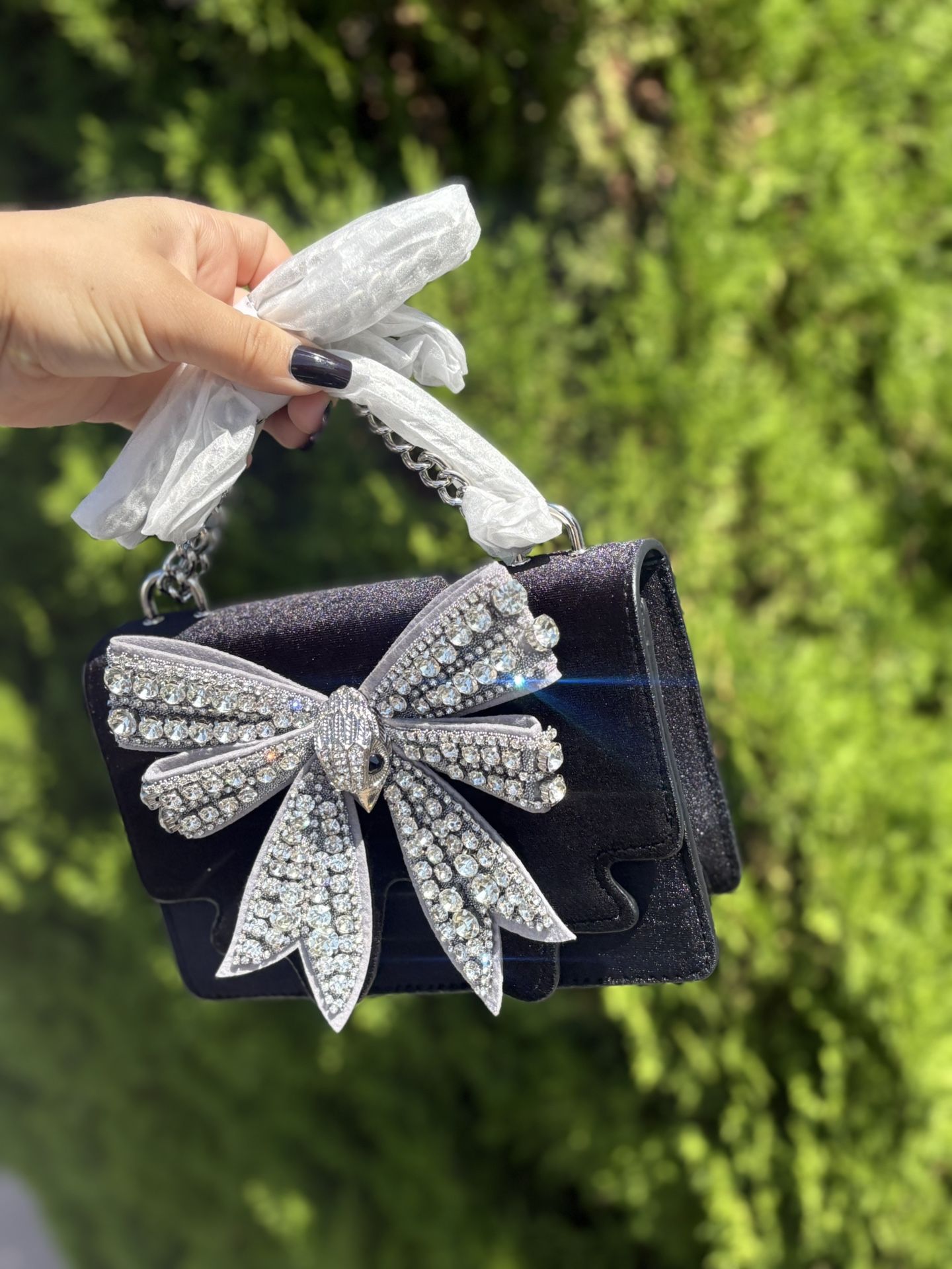 Small Shoreditch Velvet Rhinestone Bow Chain Strap Crossbody Bag