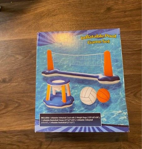 Inflatable Pool Float Set Volleyball Net and Basketball Hoops; Balls Included