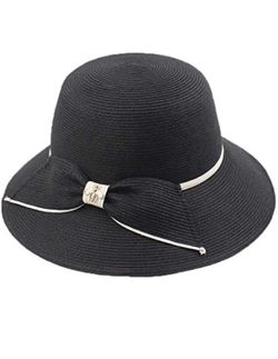 Black Sun Hat Women Wide Brim Straw Hat Floppy Foldable Packable Beach Hat UV UPF 50+