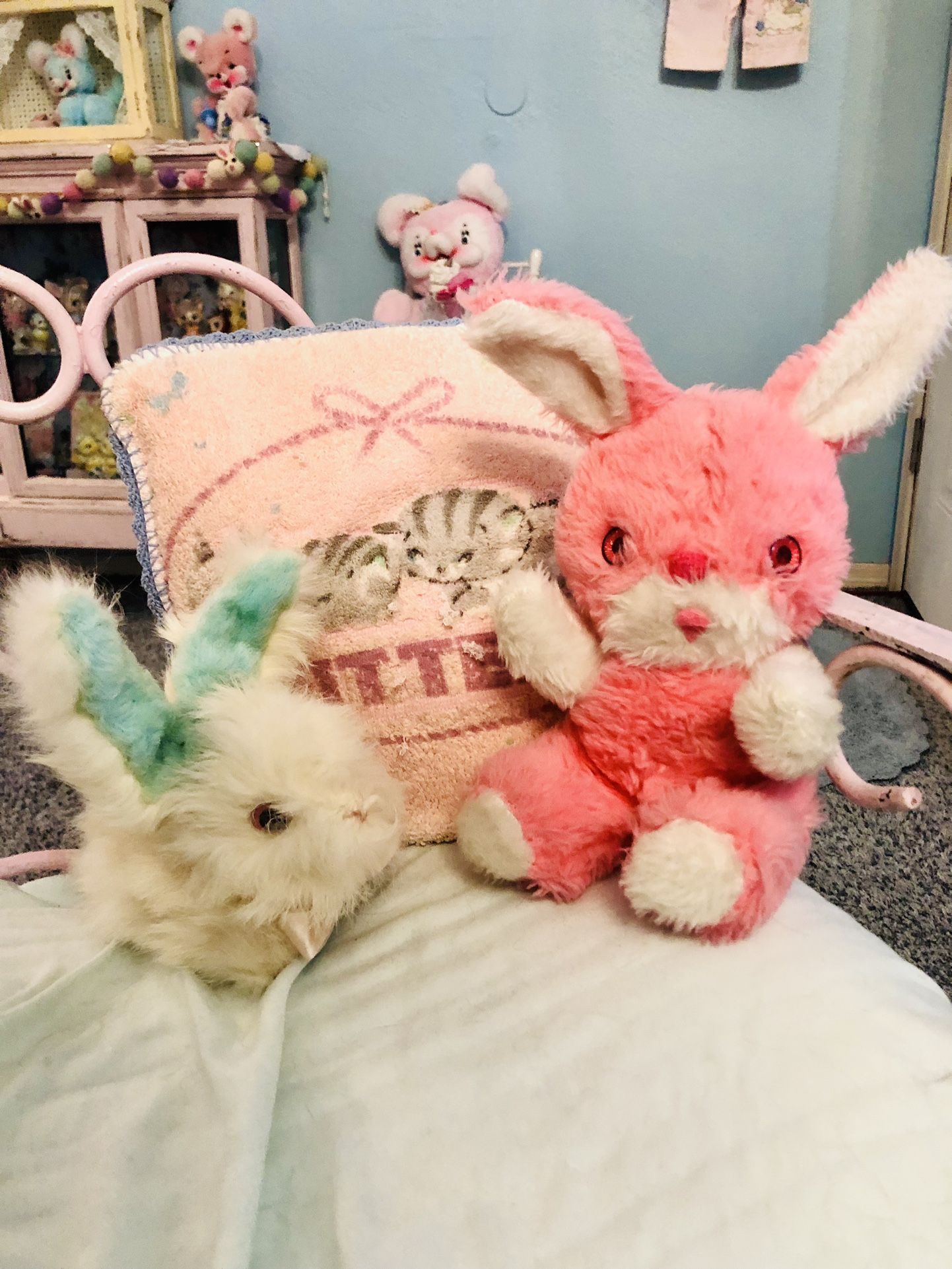 2 Vintage Plushies, Vintage Pink Bunny Rabbit Fur Bunny Rabbit, Stuffed Animal’s