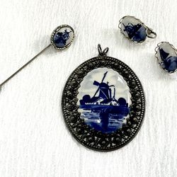  Vintage Jewelry Lot! Delft Blue Windmill, Pendant, Earrings