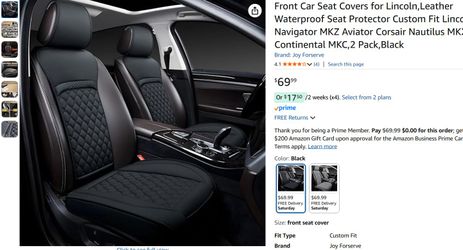 Lincoln Navigator *2 FRONT* *Partial Wrap* Car Seat Covers, PU Leather, Black