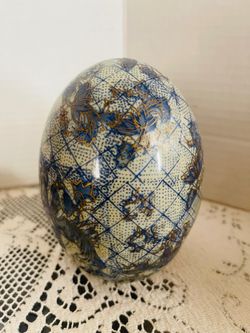 VTG Hand Painted Cloisonne Egg Blue Gold White Floral Design