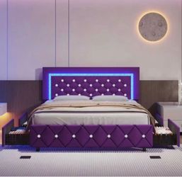 Queen Bed Frame With Drawers, Upholstered Bed Frame With LED Lights, Modern Platform Bed Frame With Headboard And Footboard, Diamond Tufted Design,  P