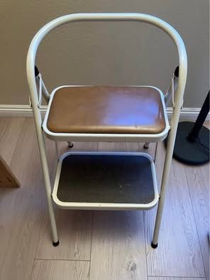 Vintage foldable metal stepping stool with cushion / 2-step ladder / foldable chair