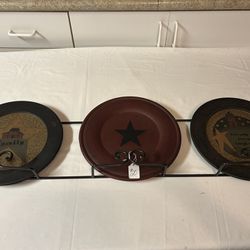 Trio of  Primitive Plates w/Iron Hanger