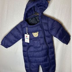 Kids Navy Blue Bear Hood Puffer Snowsuit One Piece Winter Warm Outfit
