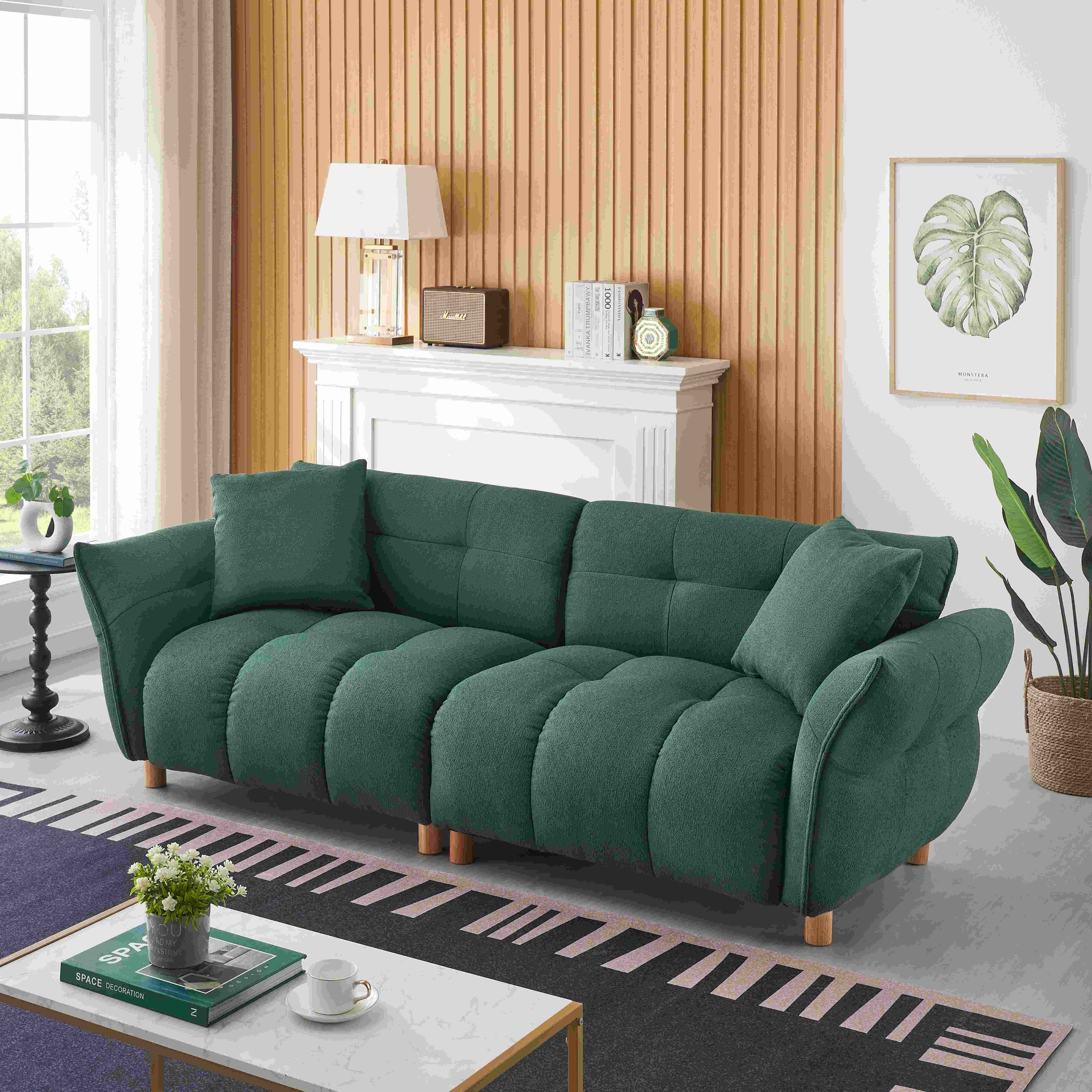 93.70 inches long, Teddy Sofa Fabric,with two matching pillows and three spacious and comfortable seats, for Apartment Office Living Room Green Furniture