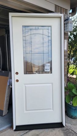 Legacy 36 in. x 80 in. Right Hand Inswing 1/2 Lite Decorative Knox Glass White Primed Fiberglass Prehung Front Door