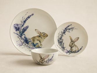 222 Fifth Botanical Bunny 12-Piece Porcelain Dinnerware Set Easter Rabbit