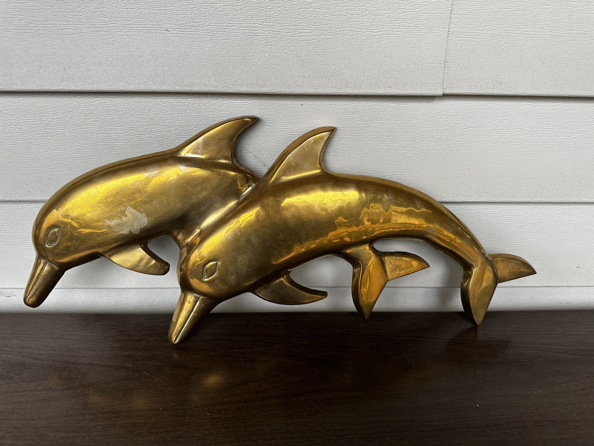Vintage Gold Solid Brass Dolphins Wall Hanging Decor Beachy Tropical