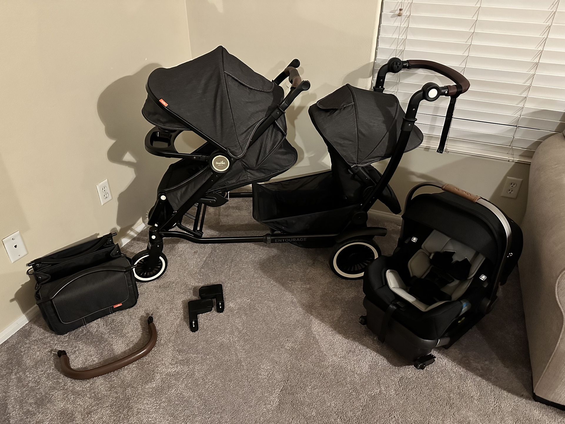 AUSTLEN ENTOURAGE DOUBLE STROLLER WITH NUNA CAR SEAT & MUCH MORE