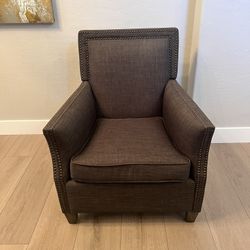 Uttermost Charcoal Gray Linen Armchair w/ Brass Nailhead Trim & Walnut Feet