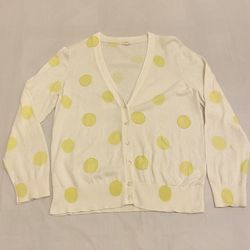 J Crew White/Yellow Button Up V-Neck Big Polkadots Cardigan Sweater Size L