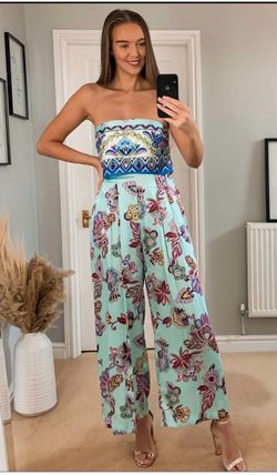 Floral strapless wide leg jumpsuit