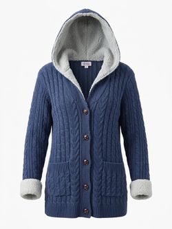 Cable-Knit Hooded Cardigan with Sherpa Trim