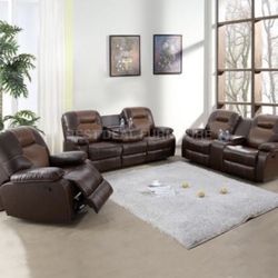 Brown Leather Fully Reclining Three Piece Couch Set