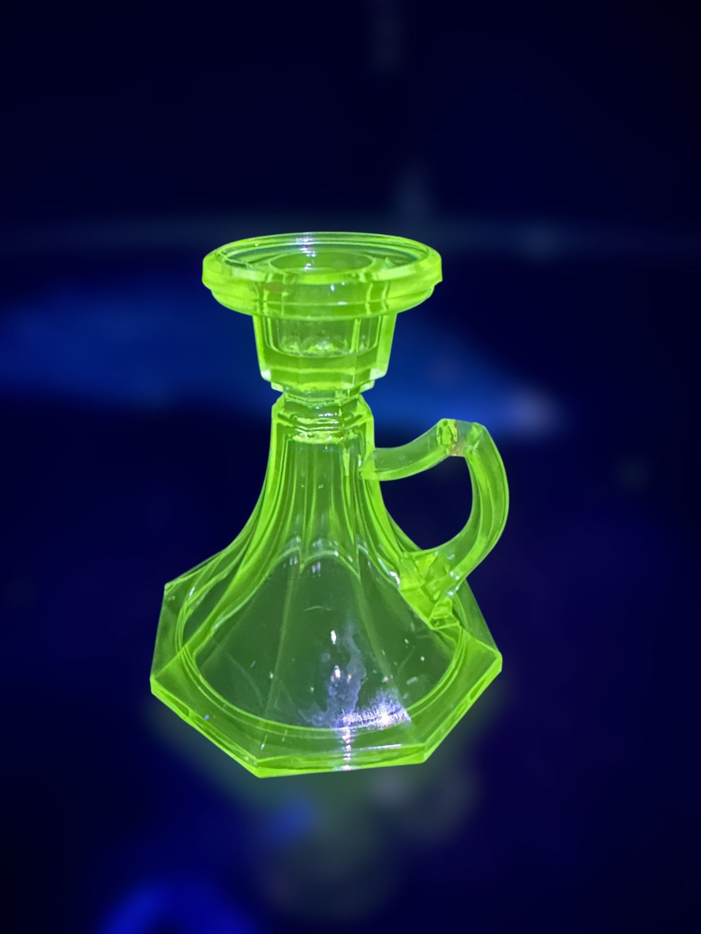 Heisey Antique Pressed Glass Candle Holder - UV Reactive Glow