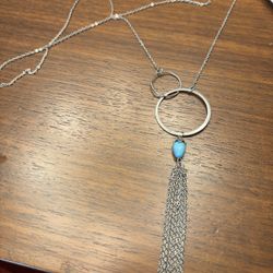 Super long silver necklace, new geometric circles with turquoise Tassel 