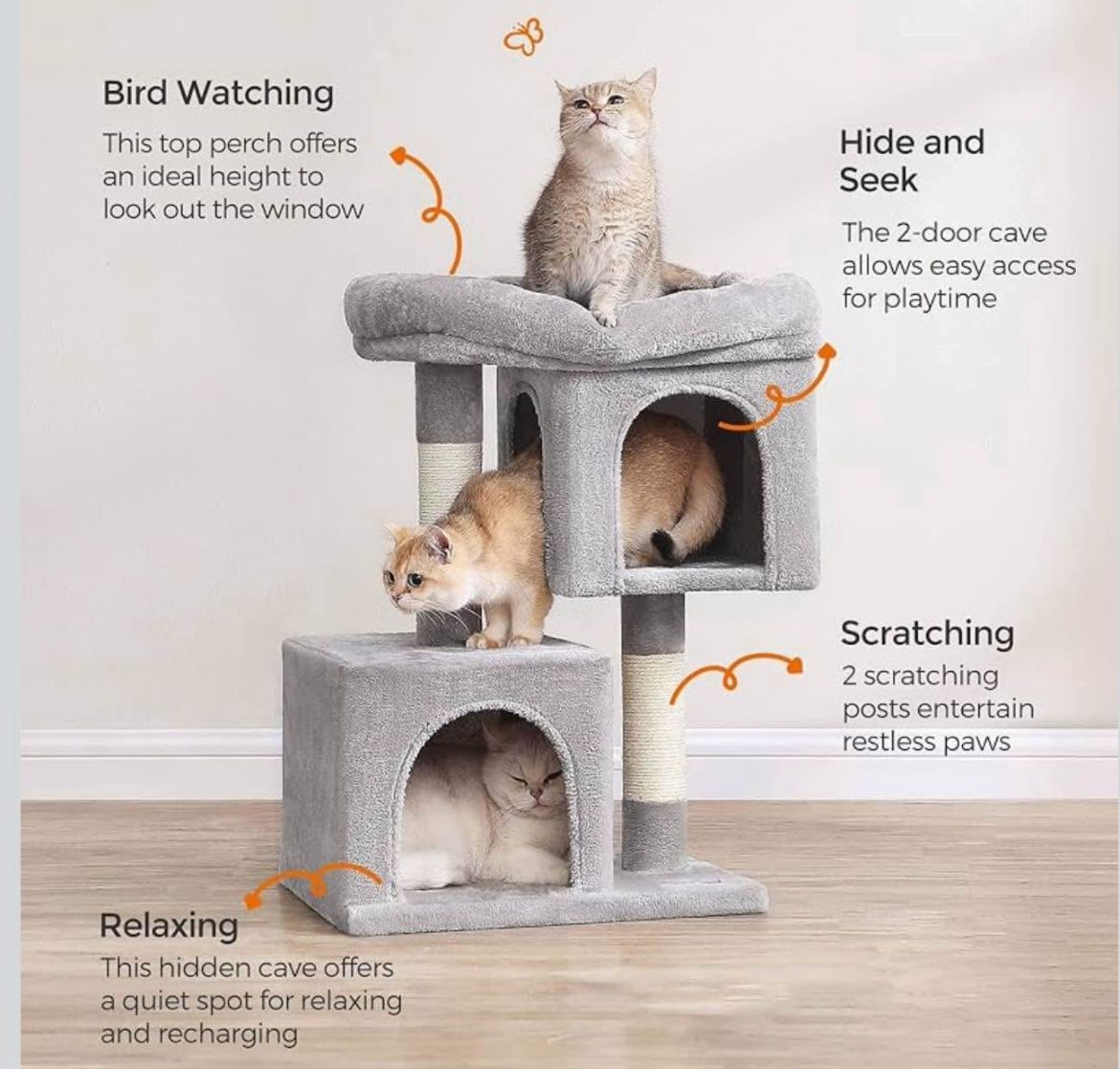 Cat Tree, 26.4-Inch Cat Tower, S, Cat Condo for Kittens up to 7 lb, Large Cat Perch, 2 Cat Caves, Scratching Post, Light Gray UPCT611W01 