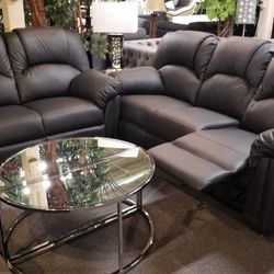 Brand New Black Bonded Leather Manual Reclining Loveseat + Sofa 2PCs Set 