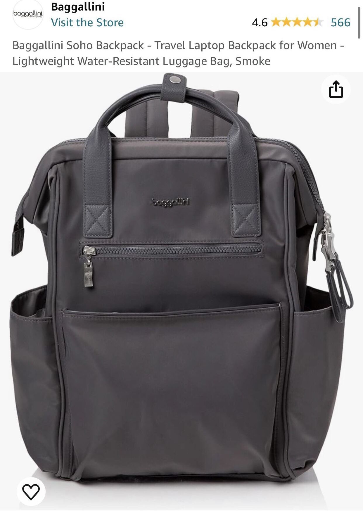 Baggallini Soho Backpack Bag-Travel Padded Laptop Backpack, Color Smoke(Gray) Brand New With Tag Retails $143