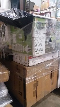 Gm pallet. mower, chainsaw, safe, file cabinets, child's toys, and more