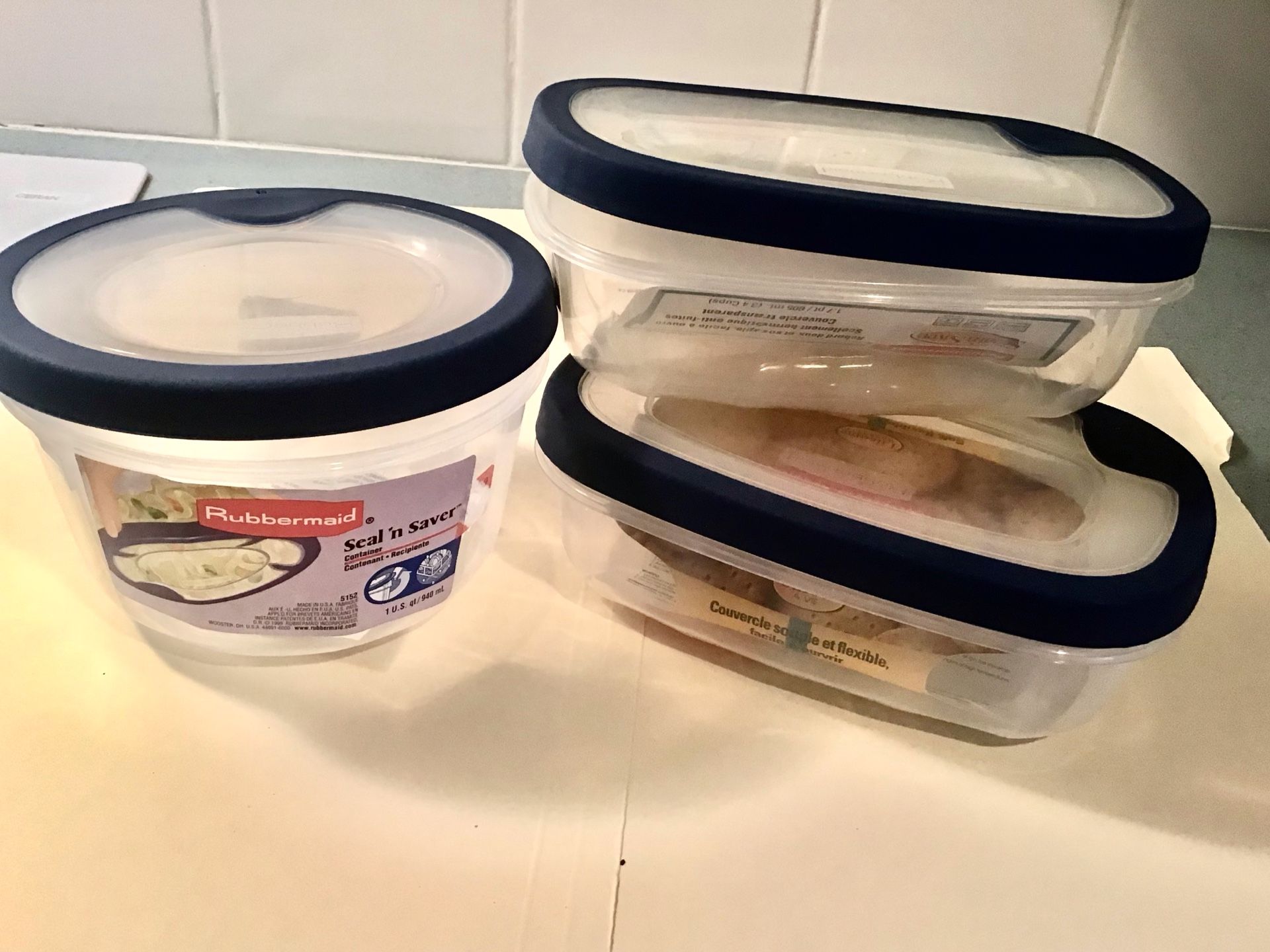 Vintage Rubbermaid “Seal N’ Saver” Food Containers 1.7 Pint 1 Quart Blue See-Through Lids NEW w/ Labels
