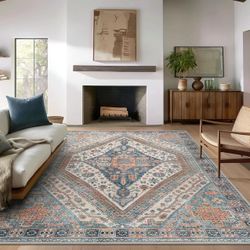 Bavni Washable Rug 8x10 Area Rug for Living Room Bedroom Dining, Blue/Orange