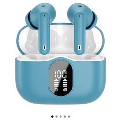 Wireless Bluetooth 5.4 Earbuds with LED Display – Noise Cancelling, Waterproof, 36H Playtime – Ice Blue