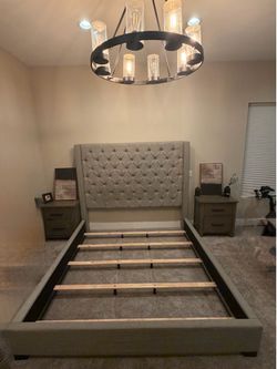 California King Upholstered Wingback Bed Gray