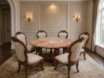 Elegant Marble Dining Table Set – 6 Chairs – Solid Wood – Excellent Condition