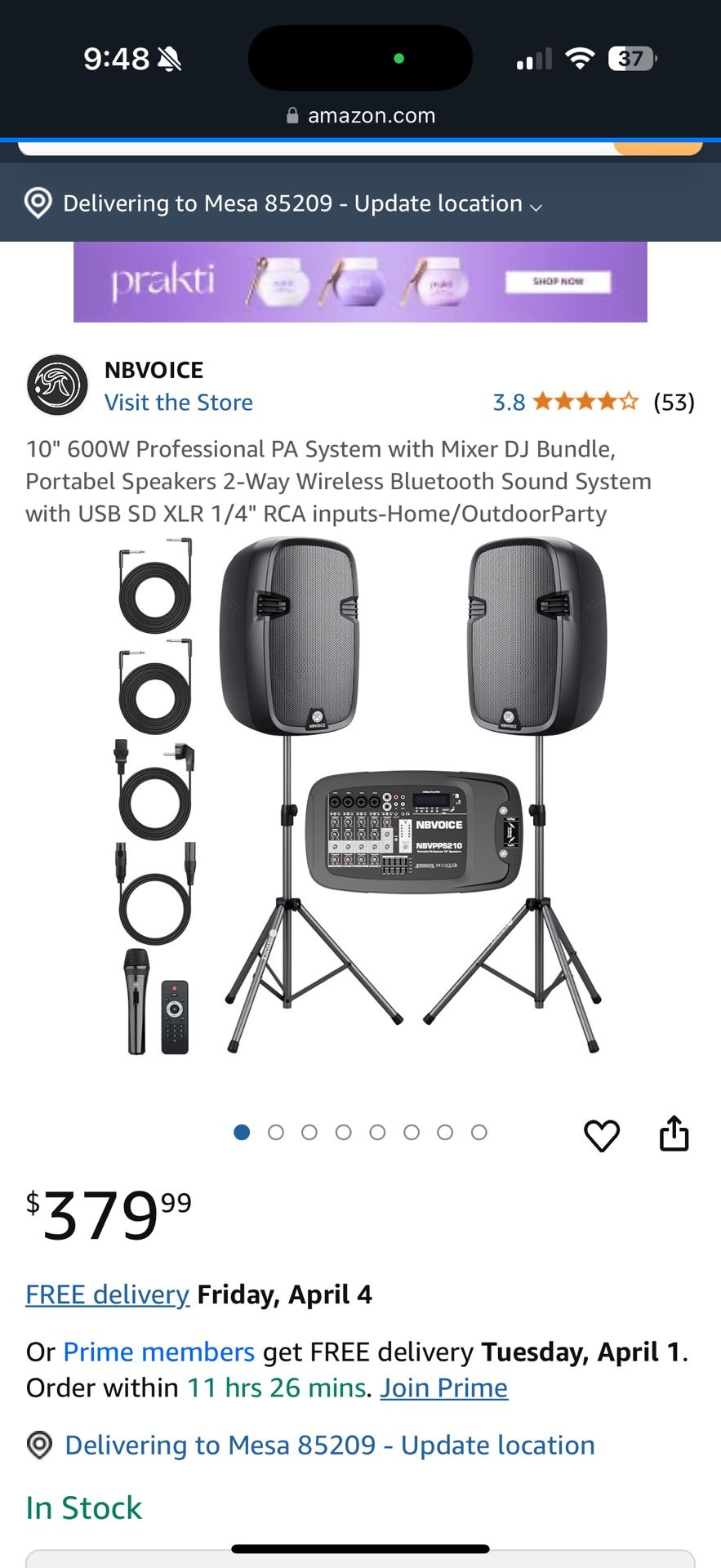 NBVOICE 10" 600W Professional PA System With Mixer DJ Bundle, Portabel Speakers 2-Way Wireless Bluetooth Sound System With USB SD XLR 1/4" RCA Inputs-
