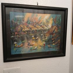 Framed Vintage Painting Of River Canal Village Scene