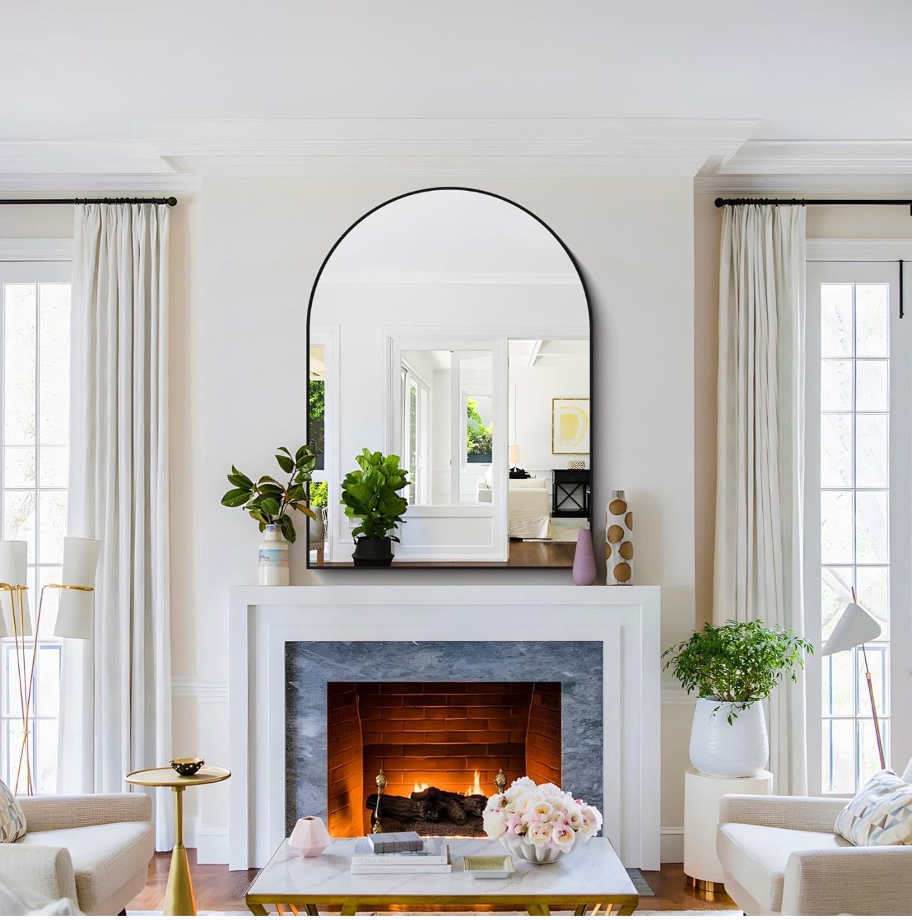 Arched Bathroom Mirror, 36x48IN Black Bathroom Mirror with Metal Frame, Wide Wall Mounted Mirrors Decor Modern Dresser Mirror for Bedroom Living Room