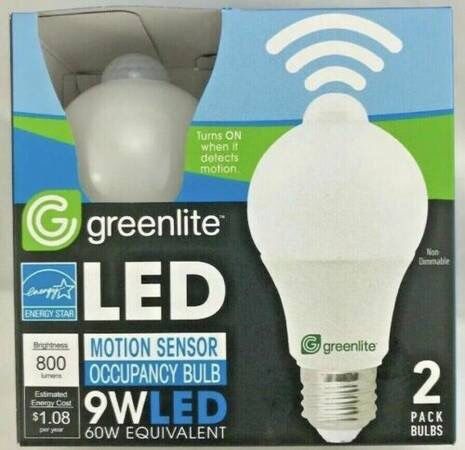 NEW 2 PACK LED 9W 60W EQ. 800 LUMENS GREENLITE A19 OMNI AUTO MOTION SENSOR BULBS NON-DIM. ONLY $15