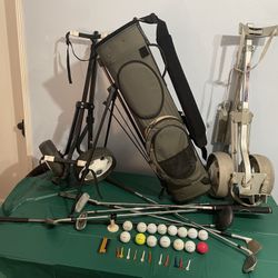 Golf bag, clubs, balls, caddies