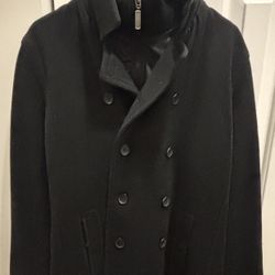 Ben Sherman Black Wool Coat Funnel Neck Ribbed Bib Black Size Medium Zip