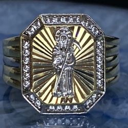 $1300 Two Tone Yellow And White Gold W Zirconia Santa Muerte Statement Ring