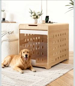 Dog Crate Furniture with Charging Station Large Kennel Indoor with Flip-up Hidden Acrylic Door for Large and Medium Breeds up to 110lb Wood Pet End Si