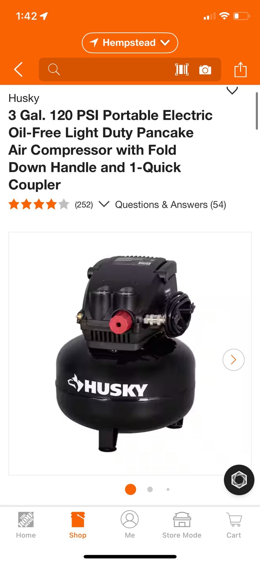 Husky 3 Gal. 120 PSI Portable Electric Oil-Free Light Duty Pancake Air Compressor with Fold Down Handle and 1-Quick Coupler