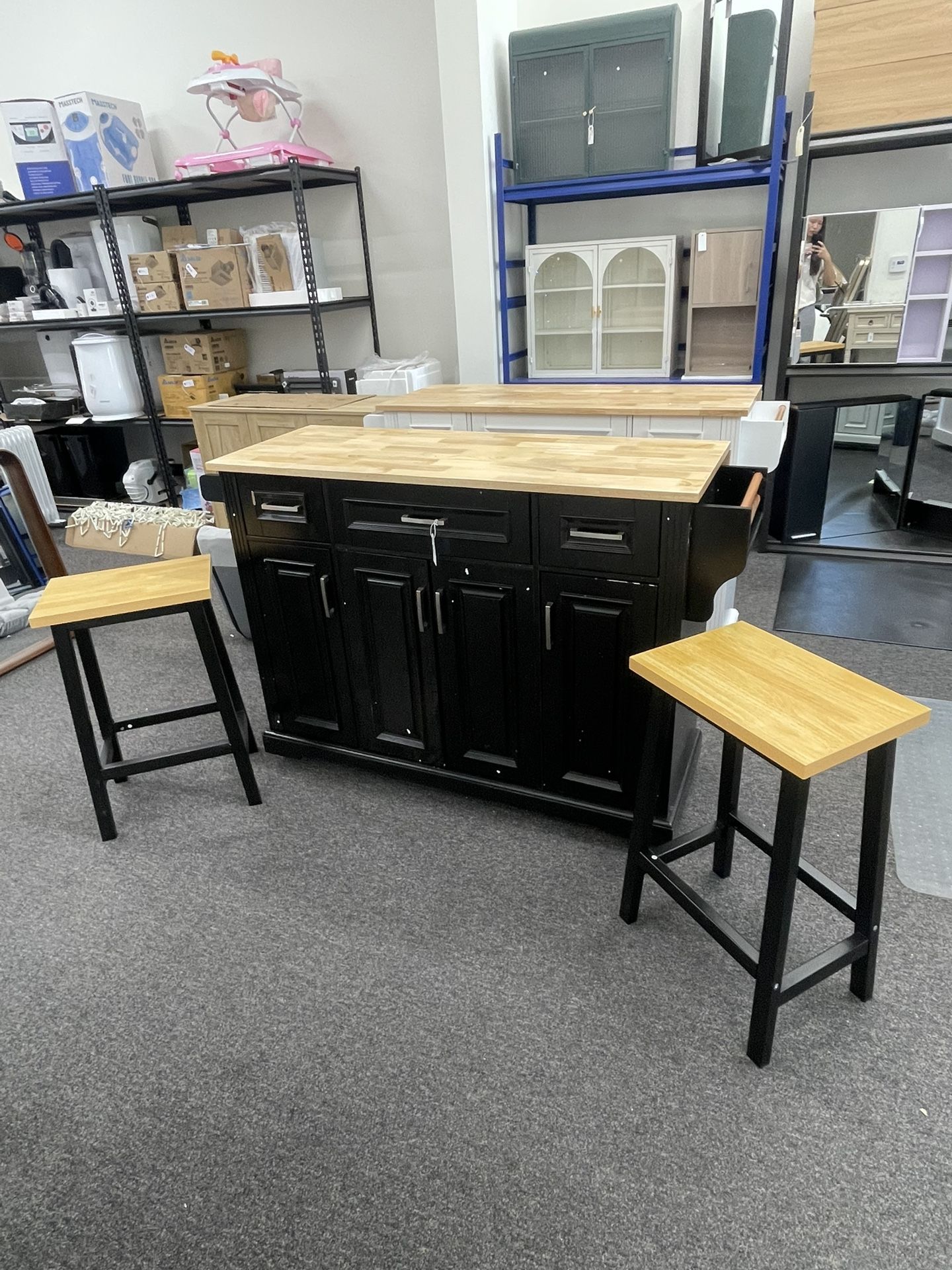 As is 54inch Large Kitchen Island with Wood Drop Leaf, Rolling Kitchen Cart with two barstool