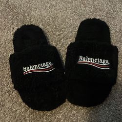 Black Furry Balenciaga Slides
